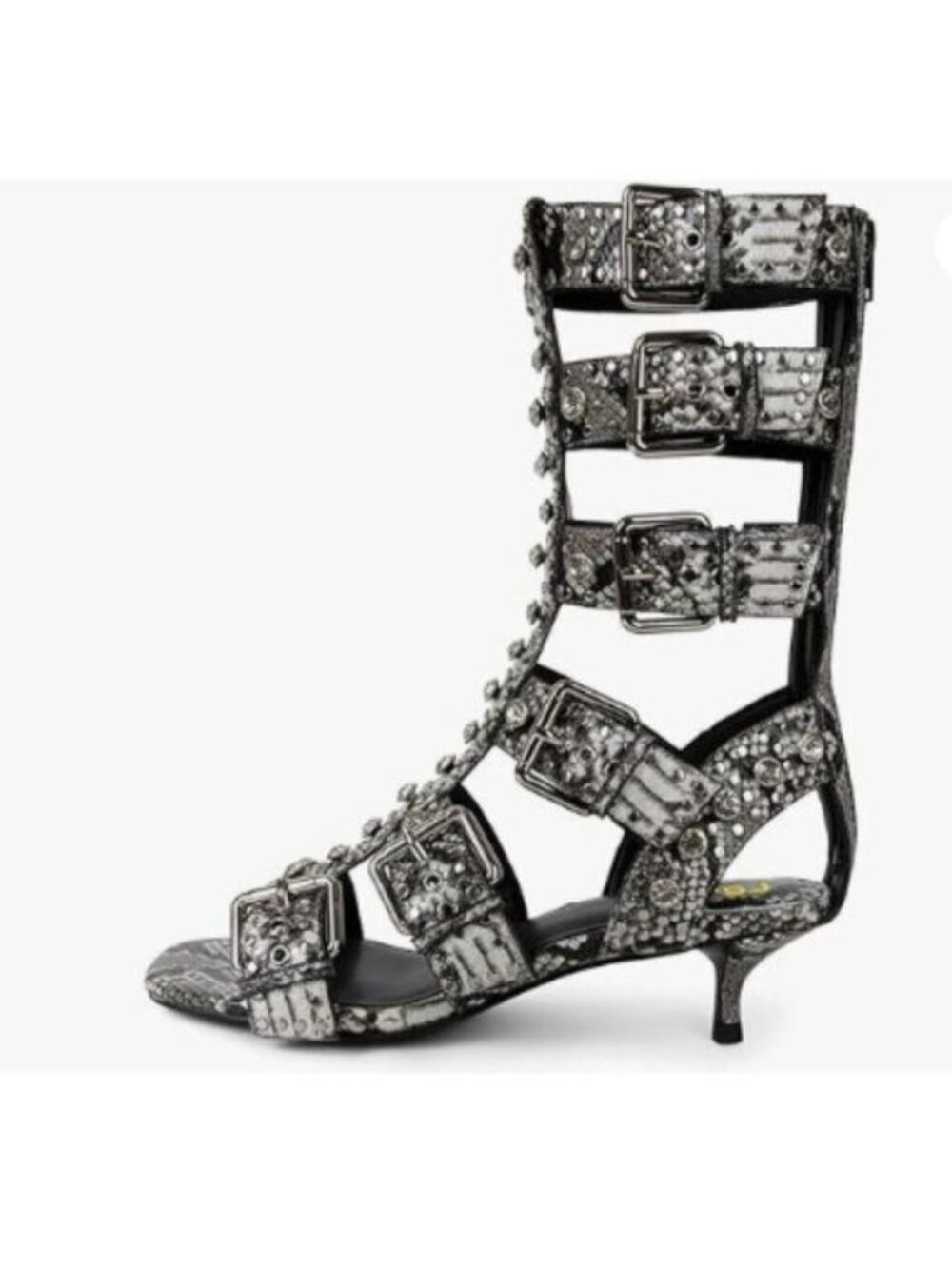 FSJ Women Rhinestone Calf High Strappy Gladiator Sandal Low Heel Open Toe Grey